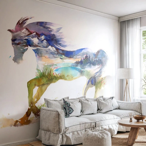 Fototapete Premium Sand - Ein Pferd in einer Berglandschaft im Aquarellstil - 100x70cm - Von der Wiese direkt in den Himmel - Moderne Wanddekoration für Wohnzimmer und Schlafzimmer ARTTOR