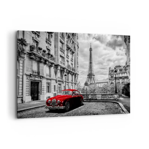 Bild auf Leinwand - Leinwandbild - Ein rotes Auto mit dem Eiffelturm im Hintergrund in einer schwarz-weißen Umgebung - 120x80cm - Raubtier in der Stadt - Moderne Wanddekoration für Wohnzimmer und Schlafzimmer ARTTOR