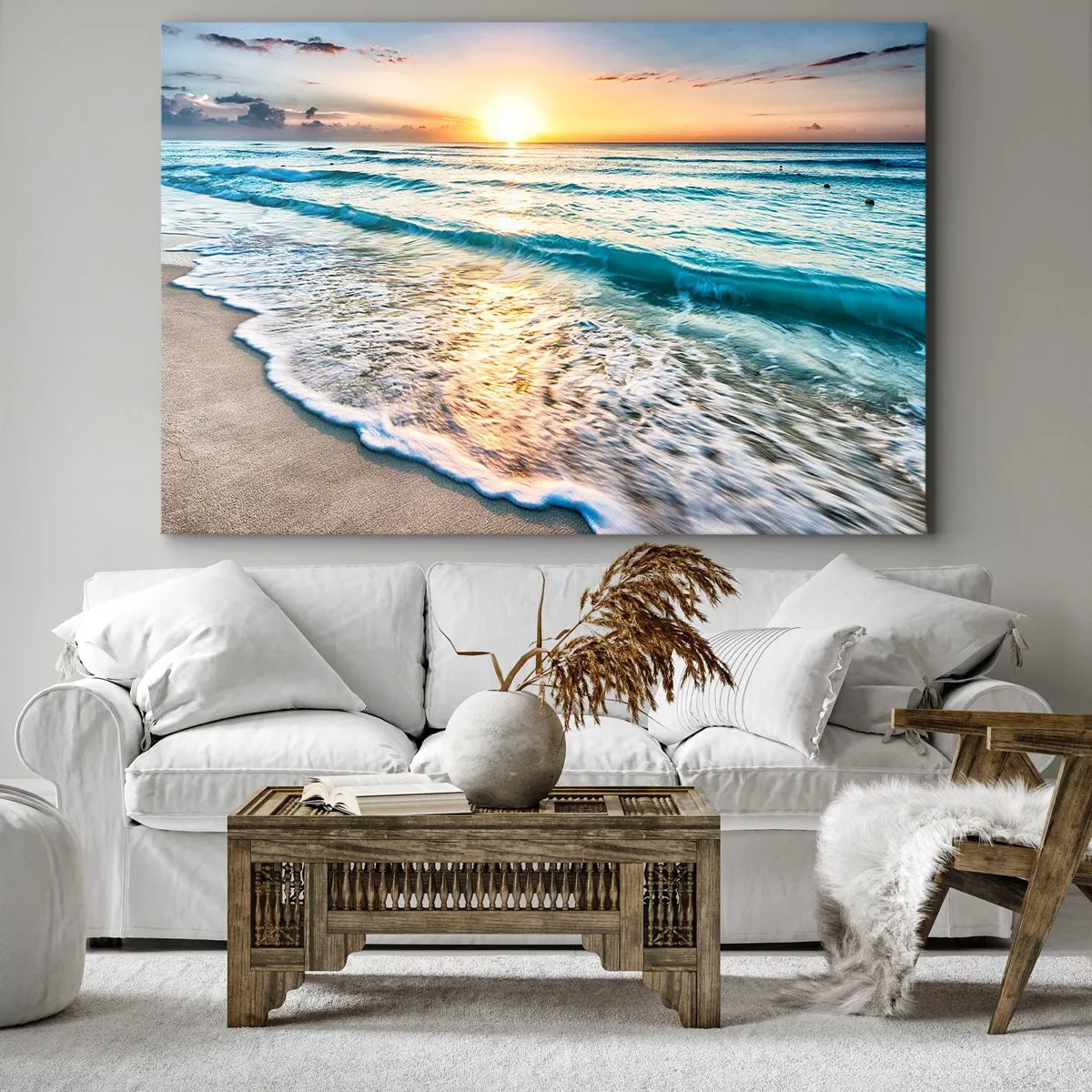 Bild auf Leinwand - Leinwandbild - Sonnenaufgang über einem ruhigen Strand mit Wellen - 100x70cm - Ein Blick lohnt sich - Moderne Wanddekoration für Wohnzimmer und Schlafzimmer ARTTOR