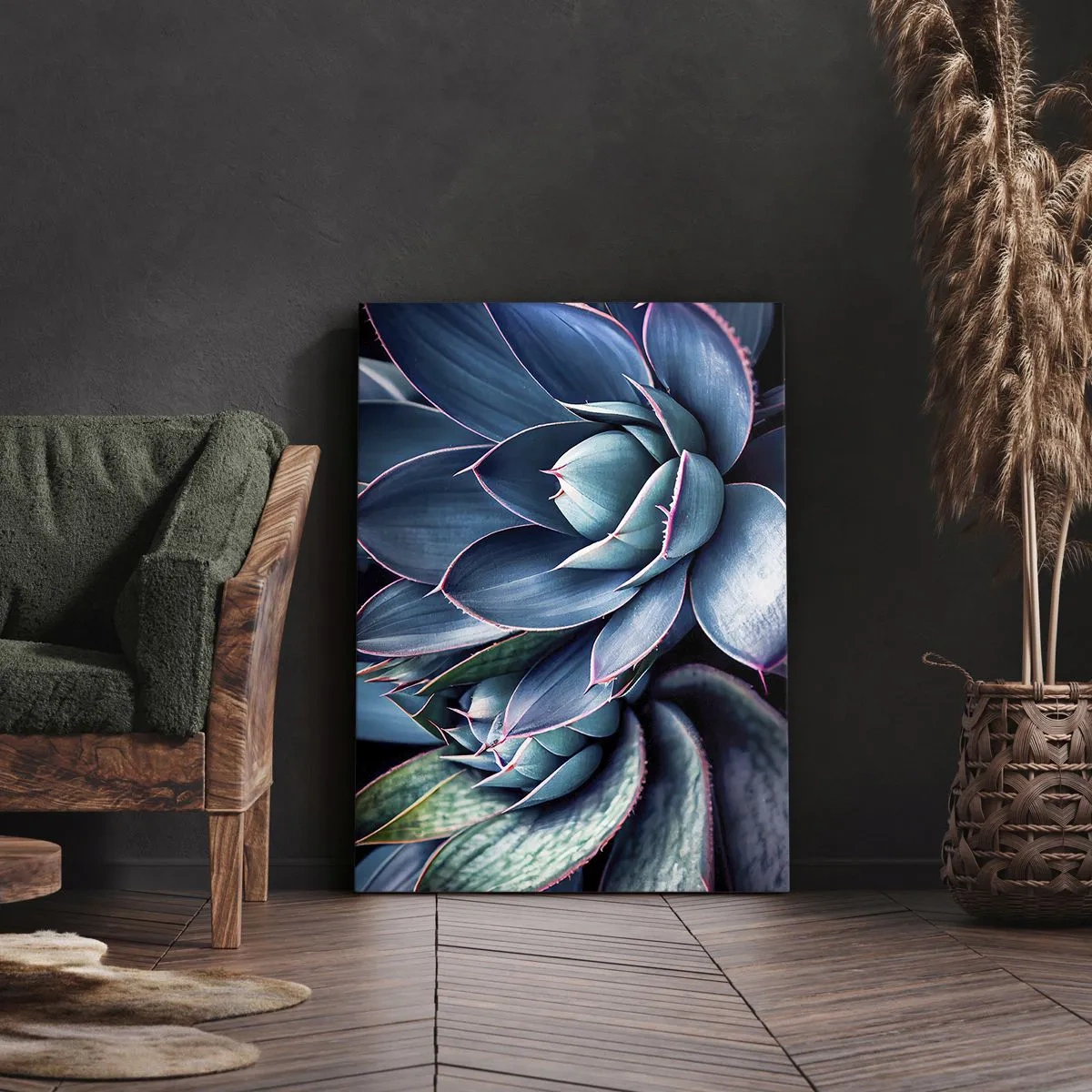 Bild auf Leinwand - Leinwandbild - Agave in Blau- und Grüntönen mit rosa Akzenten - 50x70cm - Lebenskraft - Moderne Wanddekoration für Wohnzimmer und Schlafzimmer ARTTOR