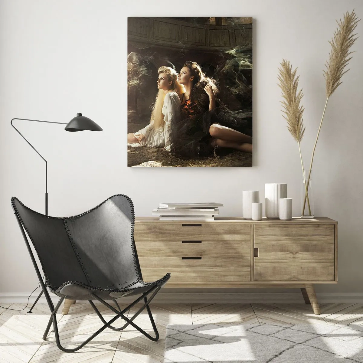 Glasbild - Bild auf glas - Zwei Frauen mit einem feurigen Phönix in einer magischen Umgebung - 50x70cm - Und es gab Poesie - Moderne Wanddekoration für Wohnzimmer und Schlafzimmer ARTTOR