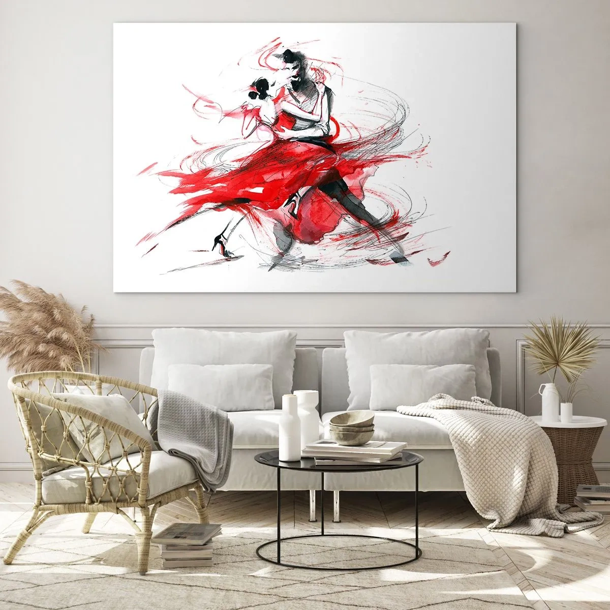 Glasbild - Bild auf glas - Ein Tänzerpaar in einem dynamischen Aquarelltanz - 120x80cm - Tango – der Rhythmus der Leidenschaft - Moderne Wanddekoration für Wohnzimmer und Schlafzimmer ARTTOR