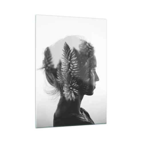 Glasbild - Bild auf glas - Eine Frau in Schwarz-Weiß mit einem darüber gelegten Nadelwaldmotiv - 50x70cm - Dame des Kiefernwaldes - Moderne Wanddekoration für Wohnzimmer und Schlafzimmer ARTTOR