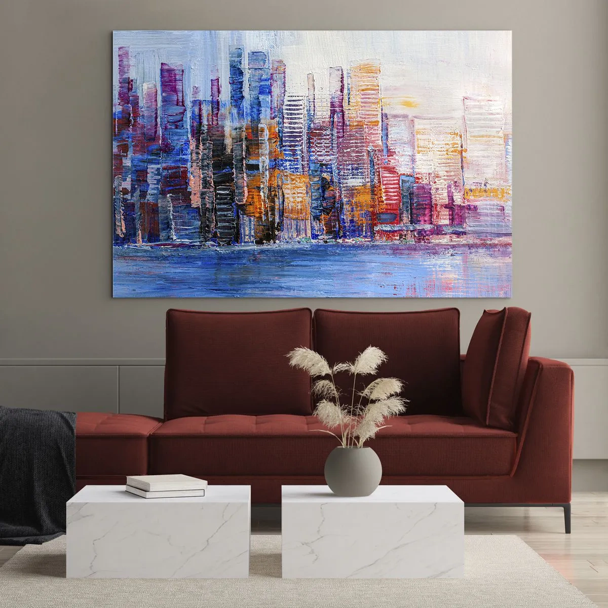 Glasbild - Bild auf glas - Ein farbenfrohes Panorama der Stadt, gemalt mit Pinselstrichen - 100x70cm - Fröhliche Metropole - Moderne Wanddekoration für Wohnzimmer und Schlafzimmer ARTTOR