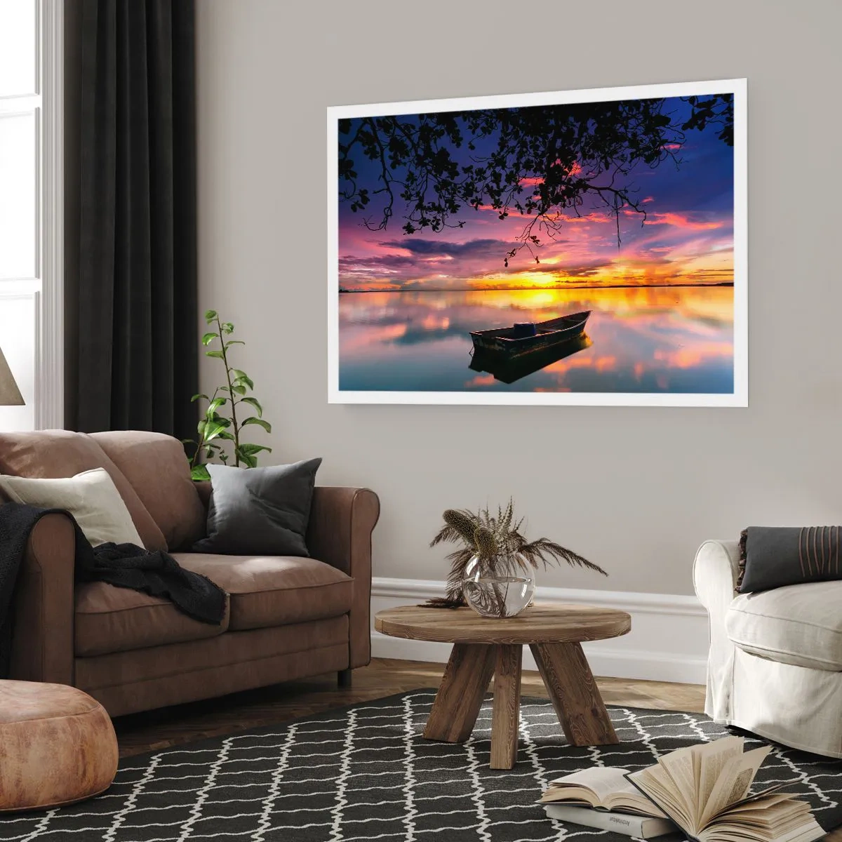 Poster - Ein Boot auf ruhigem Wasser bei Sonnenuntergang - 100x70cm - Du scheinst mitten am Himmel zu hängen... - Moderne Wanddekoration für Wohnzimmer und Schlafzimmer ARTTOR