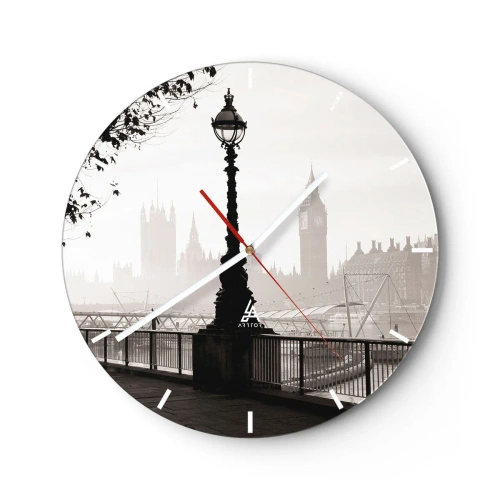 Wanduhr - Glasuhr - Ein Leuchtturm an der Themse mit der Skyline von London im Hintergrund - 30x30cm - Londoner Morgen - Moderne Wanddekoration für Wohnzimmer, Küche und Schlafzimmer ARTTOR