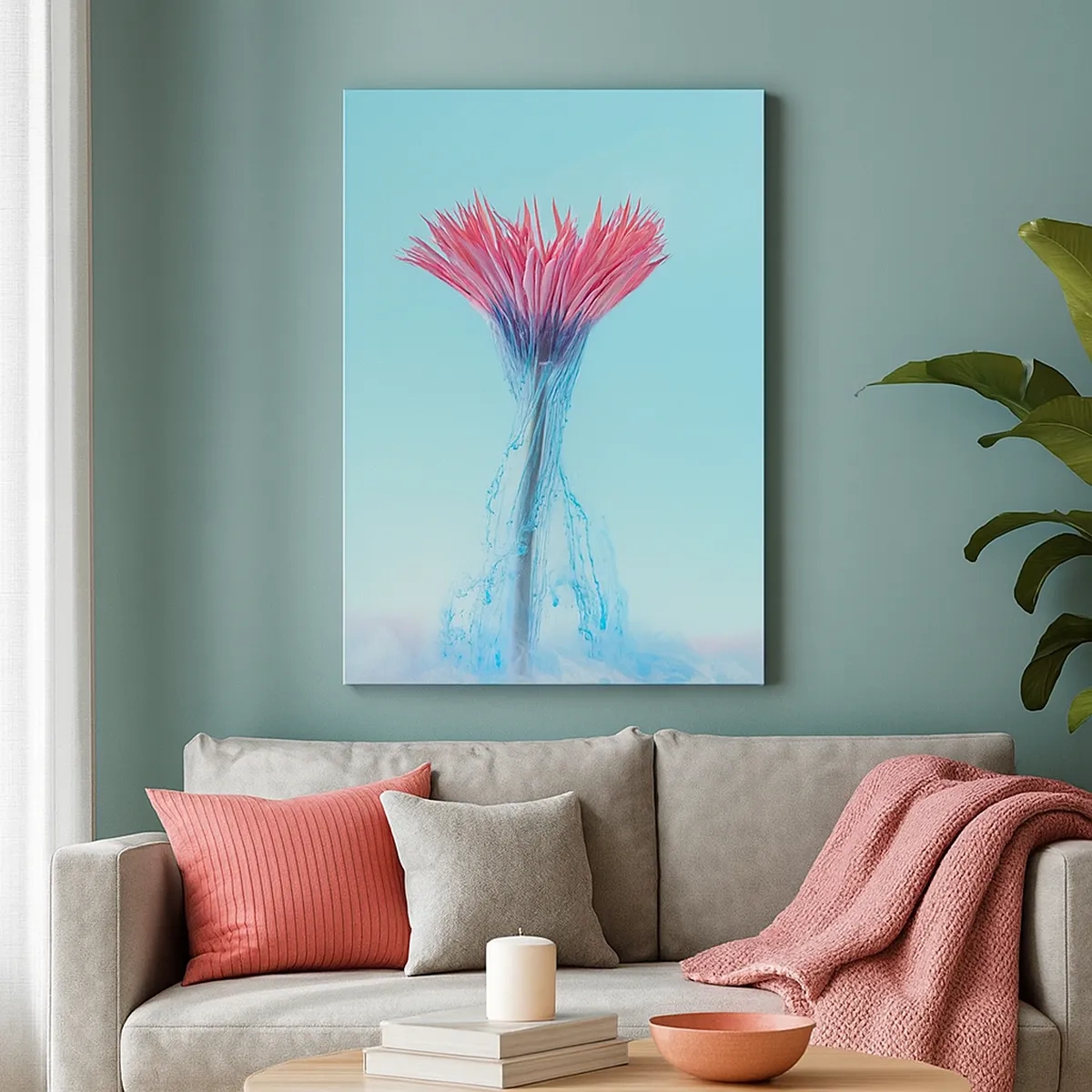Bild auf Leinwand - Leinwandbild - Eine rosa und blaue Blume in einem künstlerischen Arrangement vor einem pastellfarbenen Hintergrund - 50x70cm - In einer belebenden Umarmung - Moderne Wanddekoration für Wohnzimmer und Schlafzimmer ARTTOR