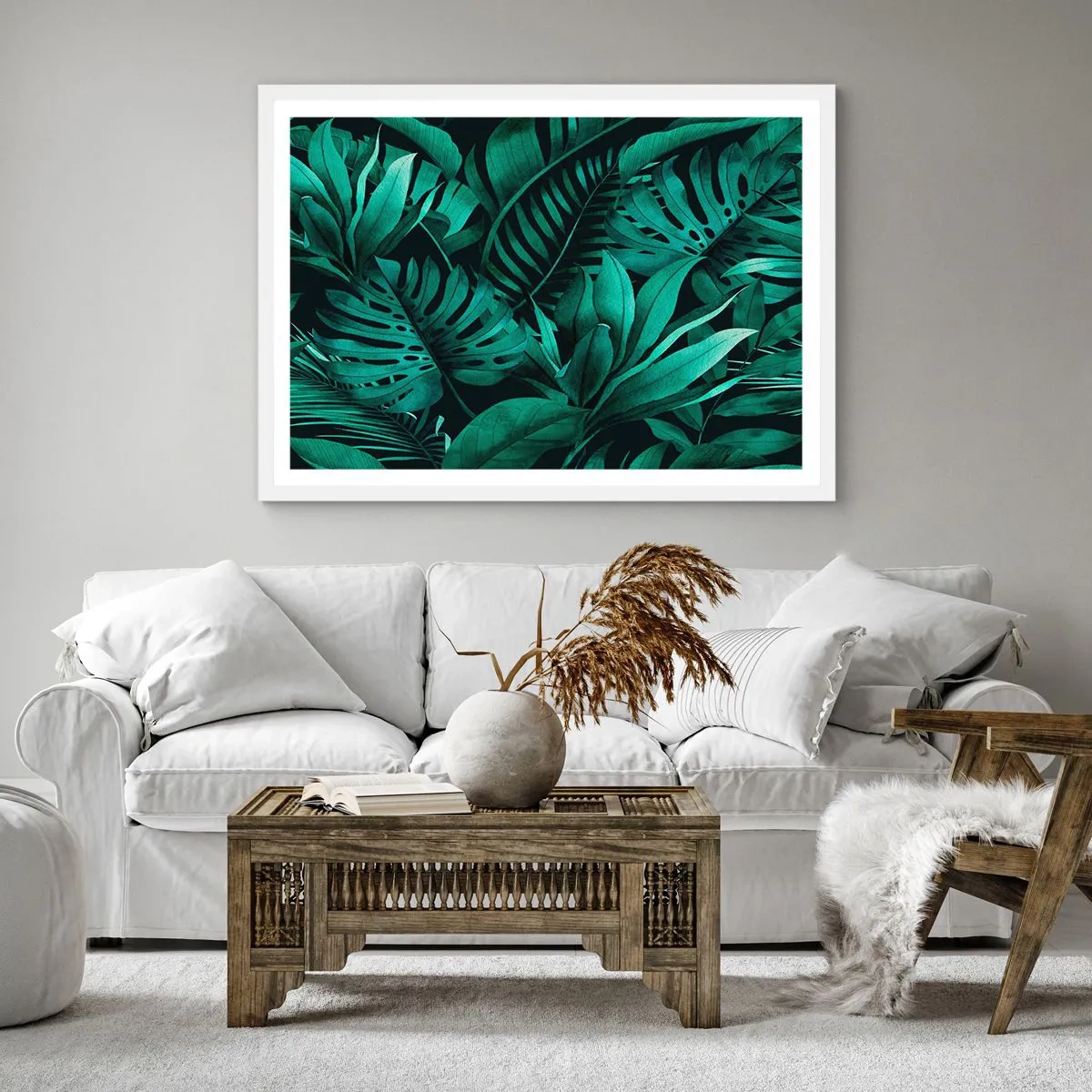 Poster in einem weißen Rahmen - Die Tiefe des tropischen Grüns - 60x60 cm
