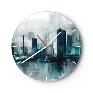 Wanduhr - Glasuhr - Ein Panorama der Stadt im malerischen Stil mit kühlen Tönen - 30x30cm - Eine Stadt in der Farbe des Regens - Moderne Wanddekoration für Wohnzimmer, Küche und Schlafzimmer ARTTOR