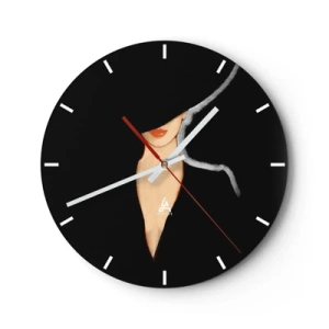 Wanduhr - Glasuhr - Porträt einer Frau mit elegantem Hut vor schwarzem Hintergrund - 30x30cm - Eleganz und Stil - Moderne Wanddekoration für Wohnzimmer, Küche und Schlafzimmer ARTTOR