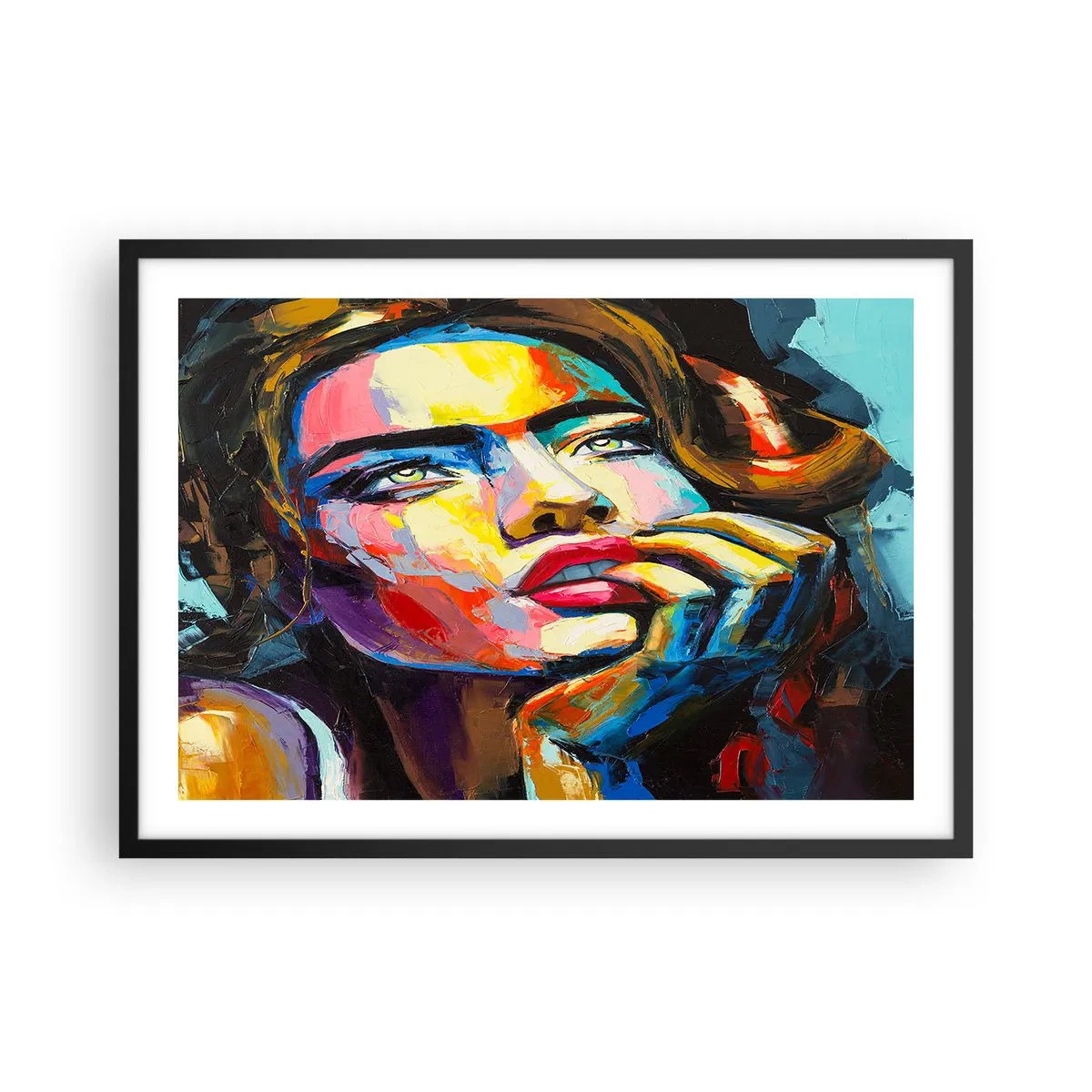 Poster in einem schwarzem Rahmen - Farbenfrohes Frauenporträt im expressionistischen Stil - 70x50cm - Träume fliegen am Himmel wie Vögel - Moderne Wanddekoration für Wohnzimmer und Schlafzimmer ARTTOR