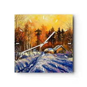 Wanduhr - Glasuhr - Winterlandschaft mit einem Haus im Licht der untergehenden Sonne - 30x30cm - Wintereindruck in der Sonne - Moderne Wanddekoration für Wohnzimmer und Schlafzimmer ARTTOR