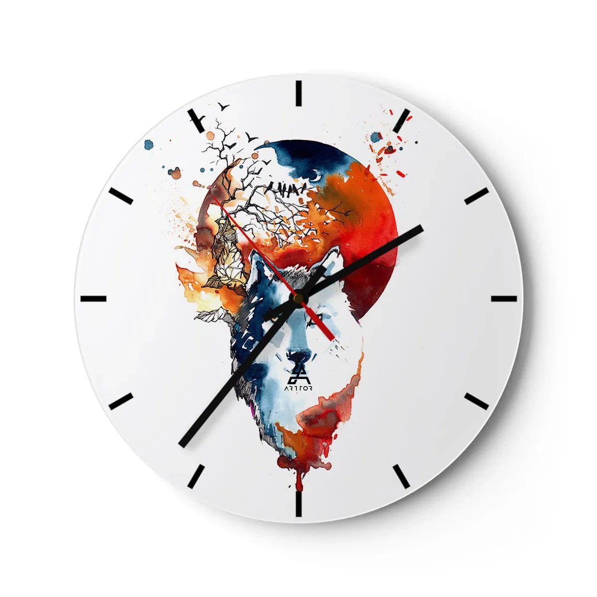 Wanduhr - Glasuhr - Aquarellbild eines Wolfes mit untergehender Sonne im Hintergrund - 30x30cm - Nase an Nase mit der Nacht - Moderne Wanddekoration für Wohnzimmer, Küche und Schlafzimmer ARTTOR