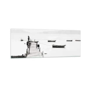Glasbild - Bild auf glas - Holzsteg und Boote auf ruhigem Wasser - 140x50cm - Ruhig und sauber über dem Wasser - Moderne Wanddekoration für Wohnzimmer und Schlafzimmer ARTTOR