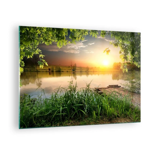 Glasbild - Bild auf glas - Landschaft mit einem von Grün umgebenen See bei Sonnenuntergang - 70x50cm - Landschaft in einem grünen Rahmen - Moderne Wanddekoration für Wohnzimmer und Schlafzimmer ARTTOR