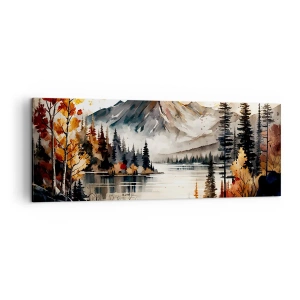 Bild auf Leinwand - Leinwandbild - Herbstliche Berglandschaft mit See und Bäumen in Aquarell - 140x50cm - Goldener Herbst in den Bergen - Moderne Wanddekoration für Wohnzimmer und Schlafzimmer ARTTOR