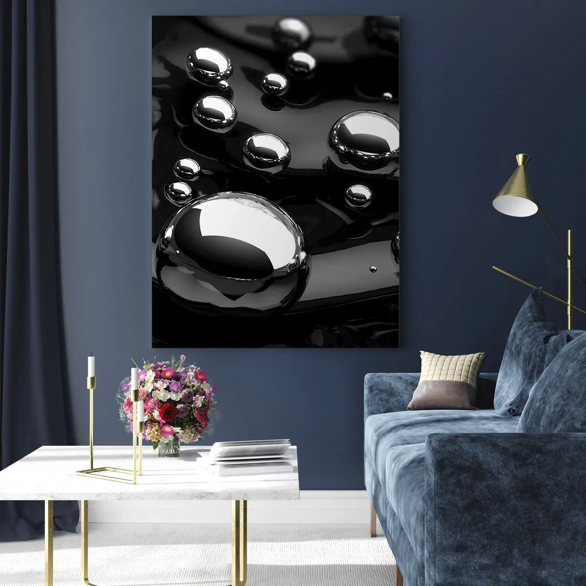 Glasbild - Bild auf glas - Metallische Tropfen auf einer schwarzen Oberfläche - 50x70cm - Aus der schwarzen Wassertiefe - Moderne Wanddekoration für Wohnzimmer und Schlafzimmer ARTTOR