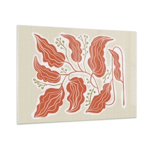 Glasbild - Bild auf glas - Korallenblätter mit volkstümlichem Muster auf hellem Hintergrund - 100x70cm - Im Folkstil und korallenartig - Moderne Wanddekoration für Wohnzimmer und Schlafzimmer ARTTOR