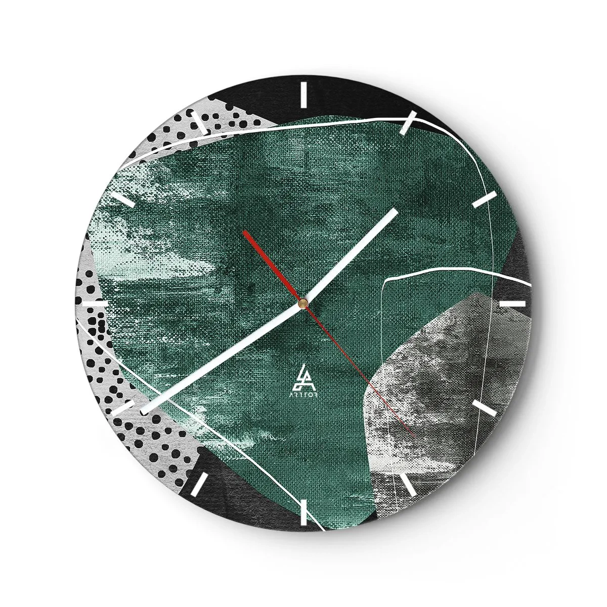 Wanduhr - Glasuhr - Grün-schwarze abstrakte Komposition mit grafischen Akzenten - 30x30cm - Bunte Abstraktion mit Blattgold - Moderne Wanddekoration für Wohnzimmer, Küche und Schlafzimmer ARTTOR