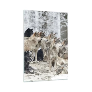 Glasbild - Bild auf glas - Ein Wolfsrudel im Winterwald - 70x100cm - Familie und Freunde - Moderne Wanddekoration für Wohnzimmer und Schlafzimmer ARTTOR