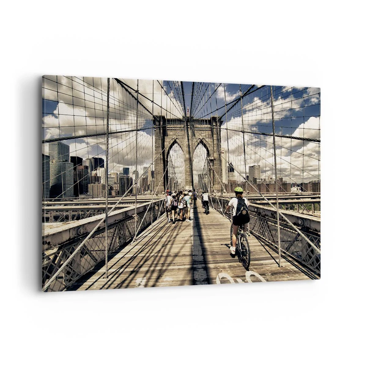 Bild auf Leinwand - Leinwandbild - Brooklyn Bridge mit Blick auf Fußgänger und Radfahrer - 100x70cm - Direkt ins Herz der Stadt - Moderne Wanddekoration für Wohnzimmer und Schlafzimmer ARTTOR
