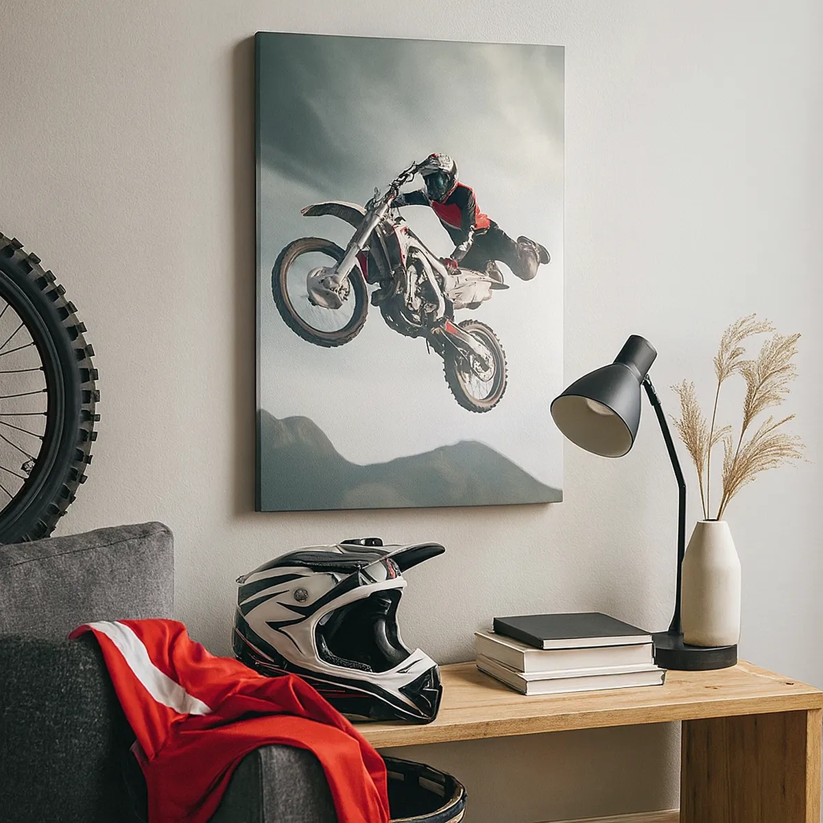 Bild auf Leinwand - Leinwandbild - Motorradfahrer in der Luft bei einem Sprung - 50x70cm - Kein Spaß ohne Risiko - Moderne Wanddekoration für Wohnzimmer und Schlafzimmer ARTTOR