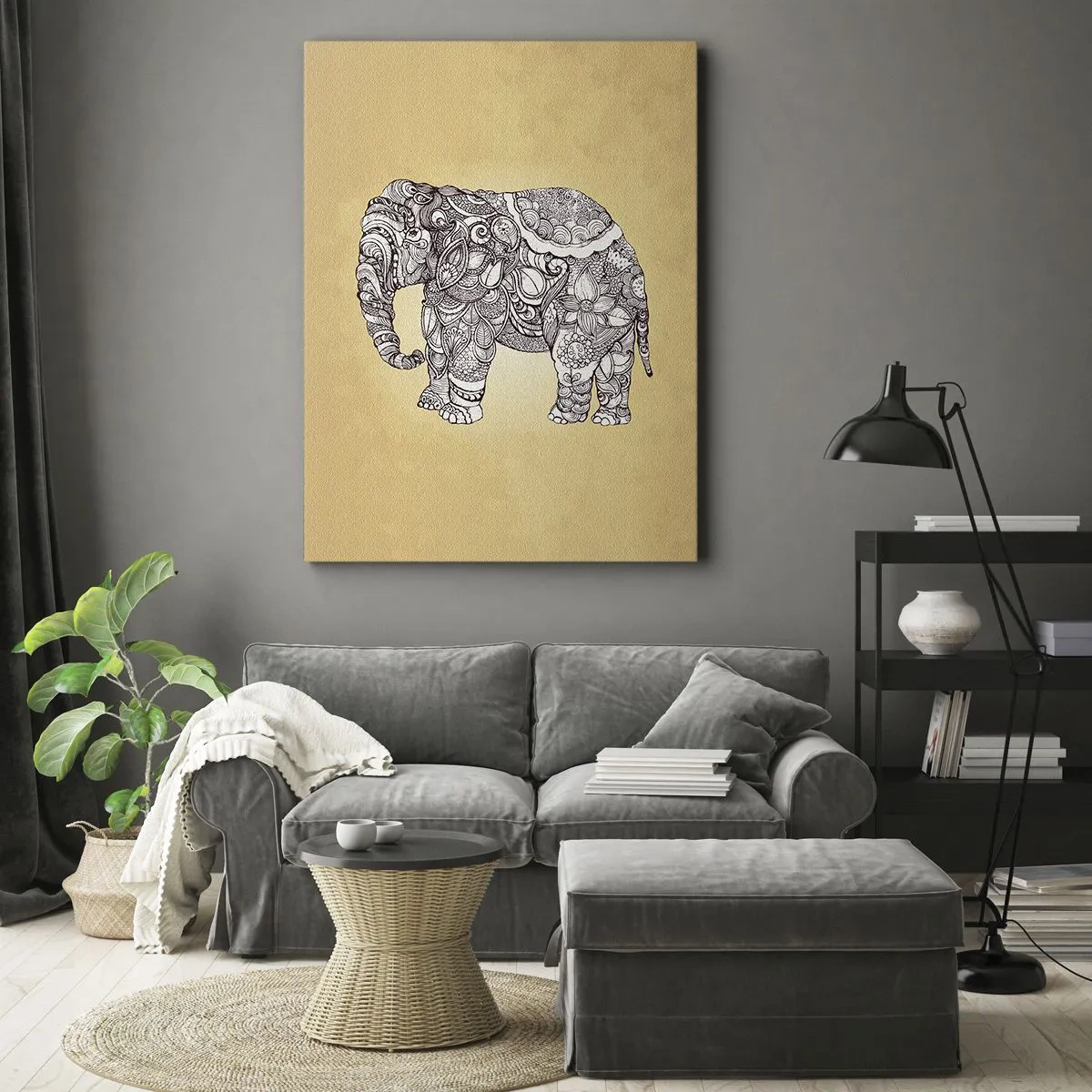 Bild auf Leinwand - Leinwandbild - Handgezeichneter Elefant mit kunstvollem Muster auf beigem Hintergrund - 50x70cm - Elefant verhüllte sich - Moderne Wanddekoration für Wohnzimmer und Schlafzimmer ARTTOR