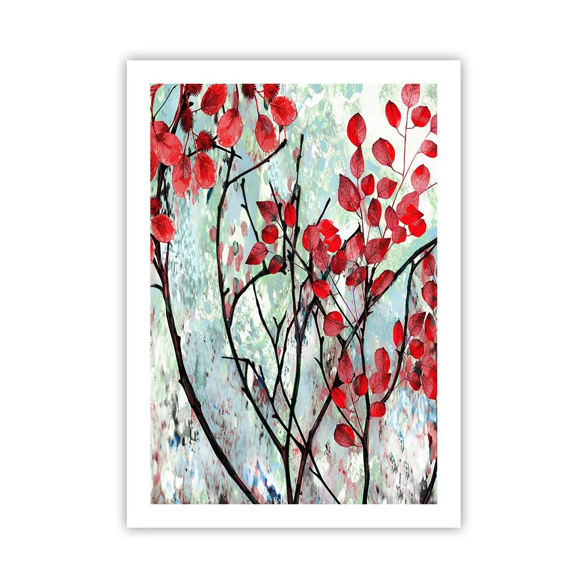 Poster - Rote Blätter auf einem abstrakten Texturhintergrund - 50x70cm - Baum in Scharlachrot - Moderne Wanddekoration für Wohnzimmer und Schlafzimmer ARTTOR