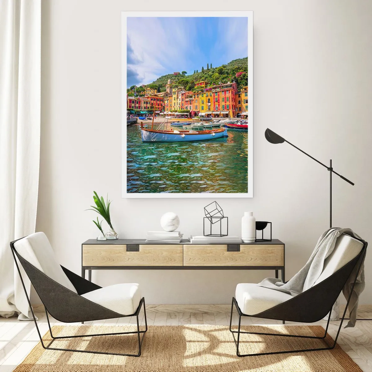 Poster - Hafenszene mit bunten Gebäuden und Booten - 50x70cm - Italienischer Morgen - Moderne Wanddekoration für Wohnzimmer und Schlafzimmer ARTTOR