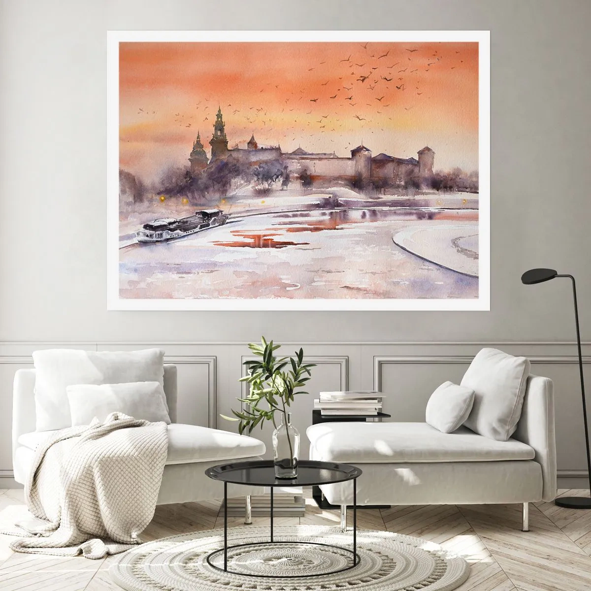 Poster - Sonnenuntergang über dem Schloss in einer Winterlandschaft - 100x70cm - Königlicher Sonnenuntergang - Moderne Wanddekoration für Wohnzimmer und Schlafzimmer ARTTOR