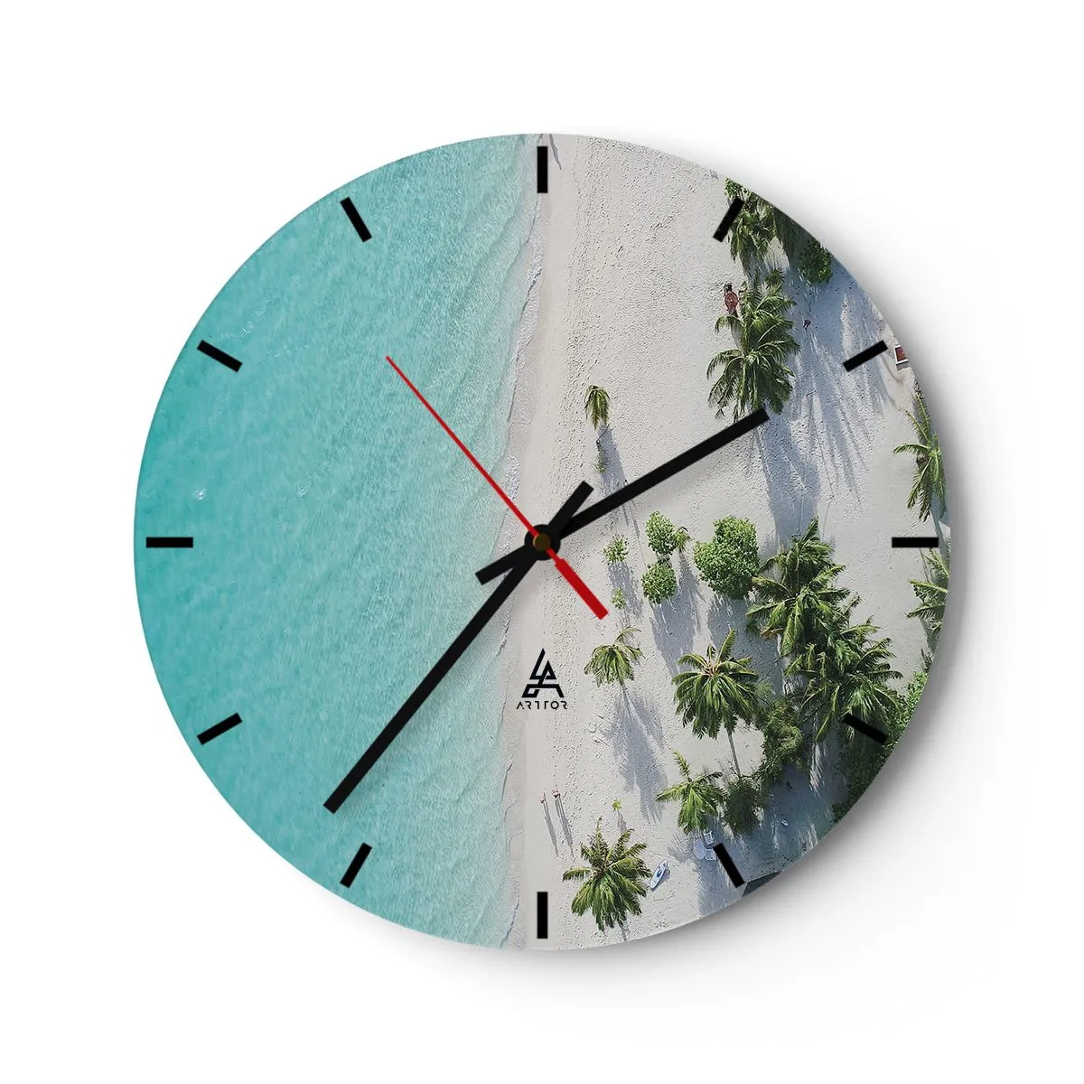 Wanduhr - Glasuhr - Draufsicht auf den Strand mit türkisfarbenem Wasser und Palmen - 30x30cm - Urlaub im Paradies - Moderne Wanddekoration für Wohnzimmer, Küche und Schlafzimmer ARTTOR