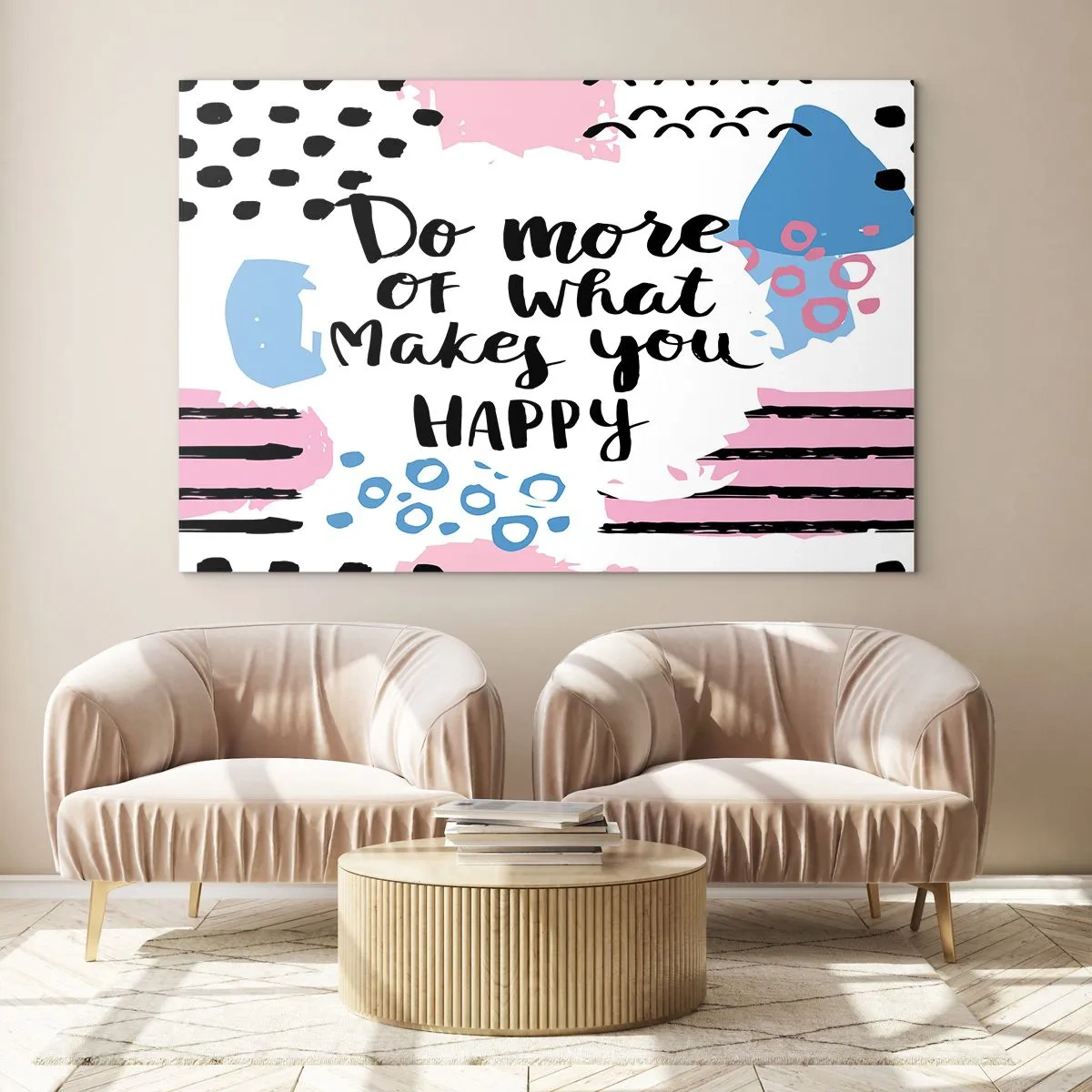 Glasbild - Bild auf glas - Eine inspirierende Inschrift auf pastellfarbenem Hintergrund - 100x70cm - Wie man glücklich wird - Moderne Wanddekoration für Wohnzimmer und Schlafzimmer ARTTOR