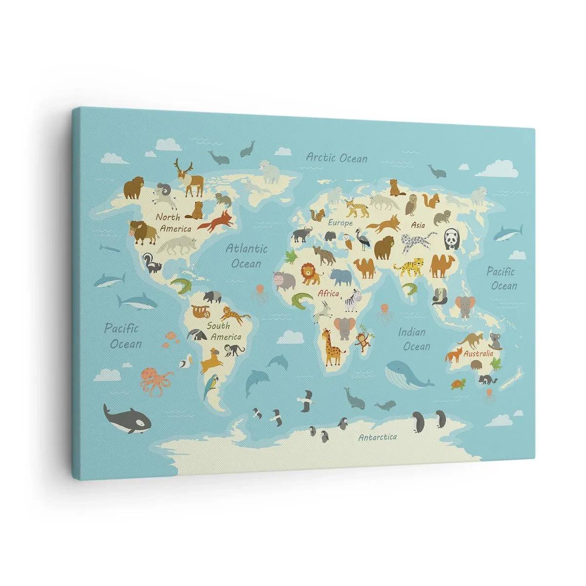 Bild auf Leinwand - Leinwandbild - Weltkarte mit Tierillustrationen - 70x50cm - Gute Nachbarn - Moderne Wanddekoration für Wohnzimmer und Schlafzimmer ARTTOR