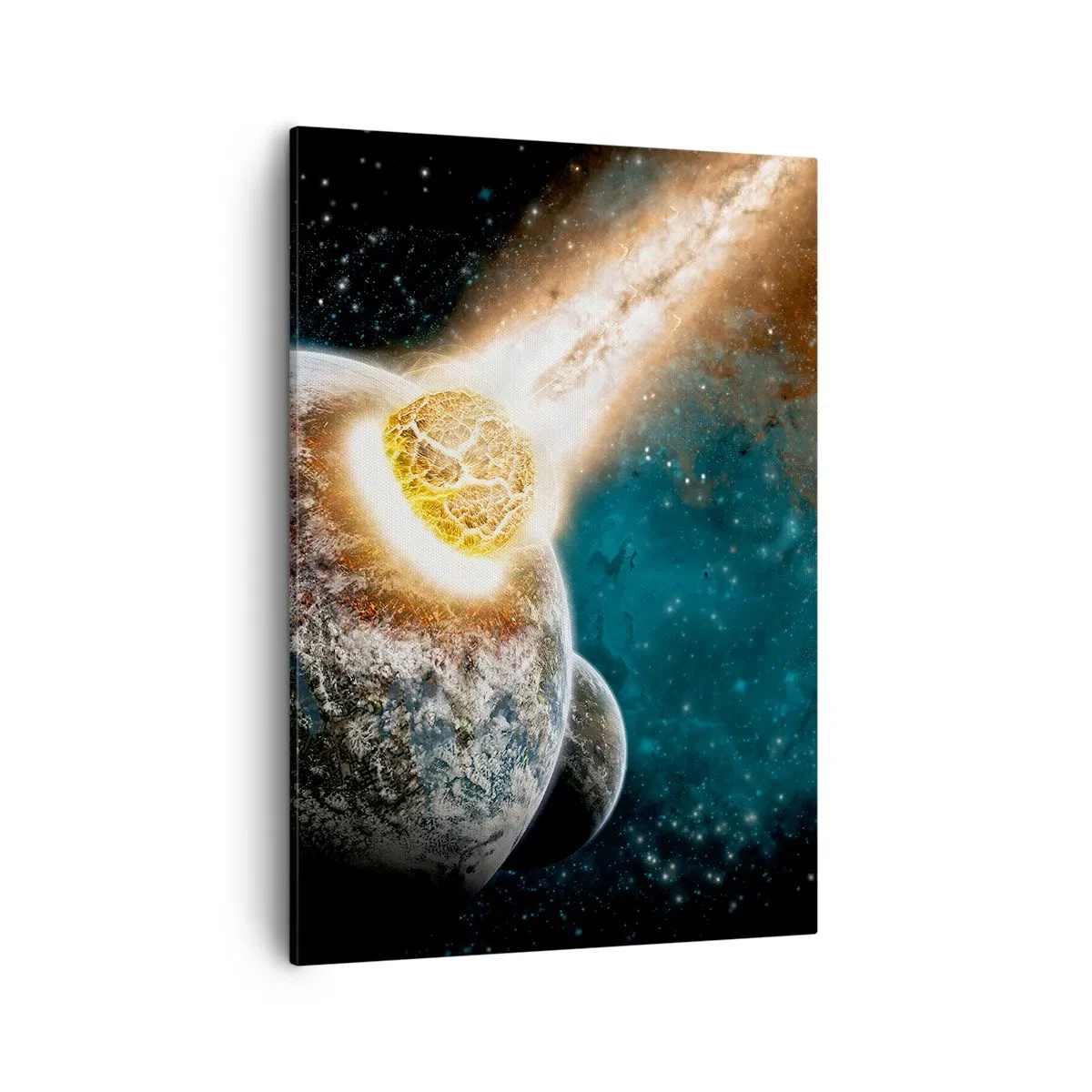 Bild auf Leinwand - Leinwandbild - Kosmische Kollision eines Planeten mit einem Asteroiden in der Nähe der Galaxie. - 50x70cm - Holocaust oder Geburt? - Moderne Wanddekoration für Wohnzimmer und Schlafzimmer ARTTOR