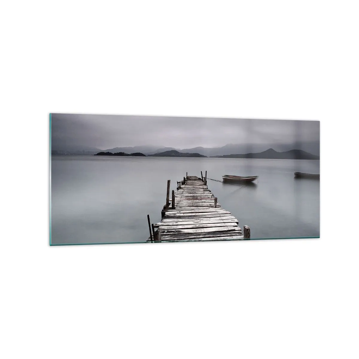 Glasbild - Bild auf glas - Eine Holzbrücke, die zur ruhigen Oberfläche des Sees führt - 120x50cm - Du kannst morgen gehen - Moderne Wanddekoration für Wohnzimmer und Schlafzimmer ARTTOR