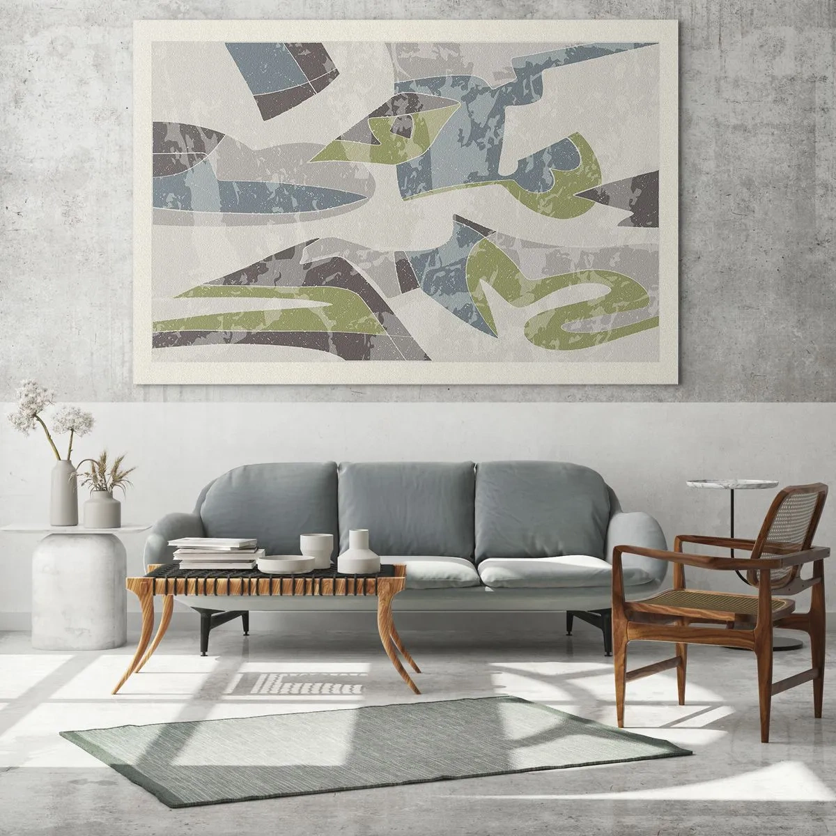 Glasbild - Bild auf glas - Geometrische Komposition in Grün und Grau - 100x70cm - Komposition hinter dem Glas - Moderne Wanddekoration für Wohnzimmer und Schlafzimmer ARTTOR