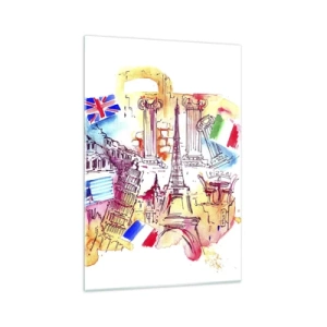 Glasbild - Bild auf glas - Aquarell europäischer Symbole mit Länderflaggen - 70x100cm - Europa Tour - Moderne Wanddekoration für Wohnzimmer und Schlafzimmer ARTTOR