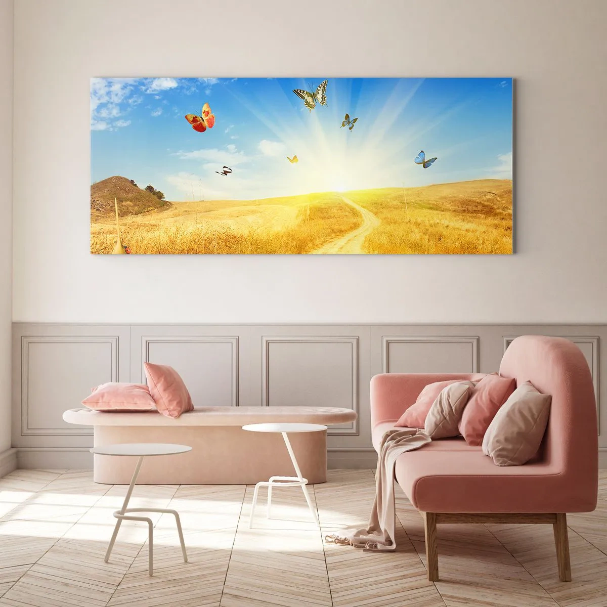Glasbild - Bild auf glas - Ein goldenes Feld, ein Pfad und Schmetterlinge vor einem blauen Himmel - 140x50cm - Und wie kann man den Sommer nicht lieben? - Moderne Wanddekoration für Wohnzimmer und Schlafzimmer ARTTOR