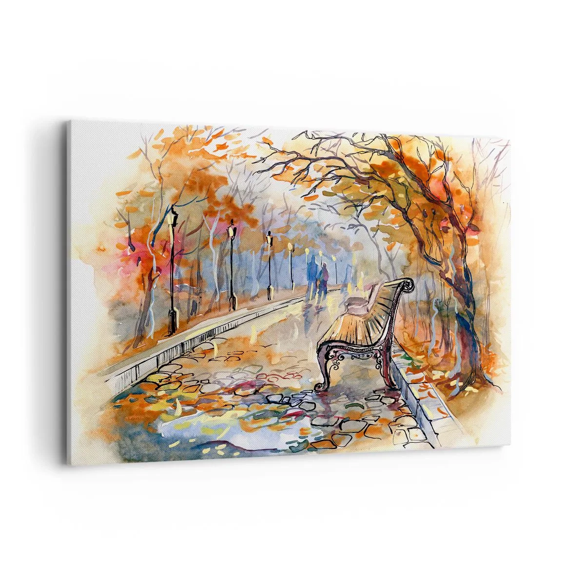 Bild auf Leinwand - Leinwandbild - Ein herbstlicher Park mit einer Bank in Aquarell - 120x80cm - Gemeinsam im Herbst wandern - Moderne Wanddekoration für Wohnzimmer und Schlafzimmer ARTTOR