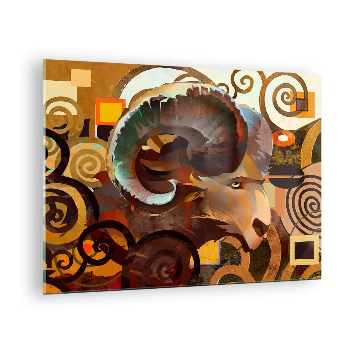 Glasbild - Bild auf glas - Ein künstlerisches Bild eines Widders in einer geometrischen und spiralförmigen Komposition. - 70x50cm - Magie - Religionen - Rituale - Moderne Wanddekoration für Wohnzimmer und Schlafzimmer ARTTOR