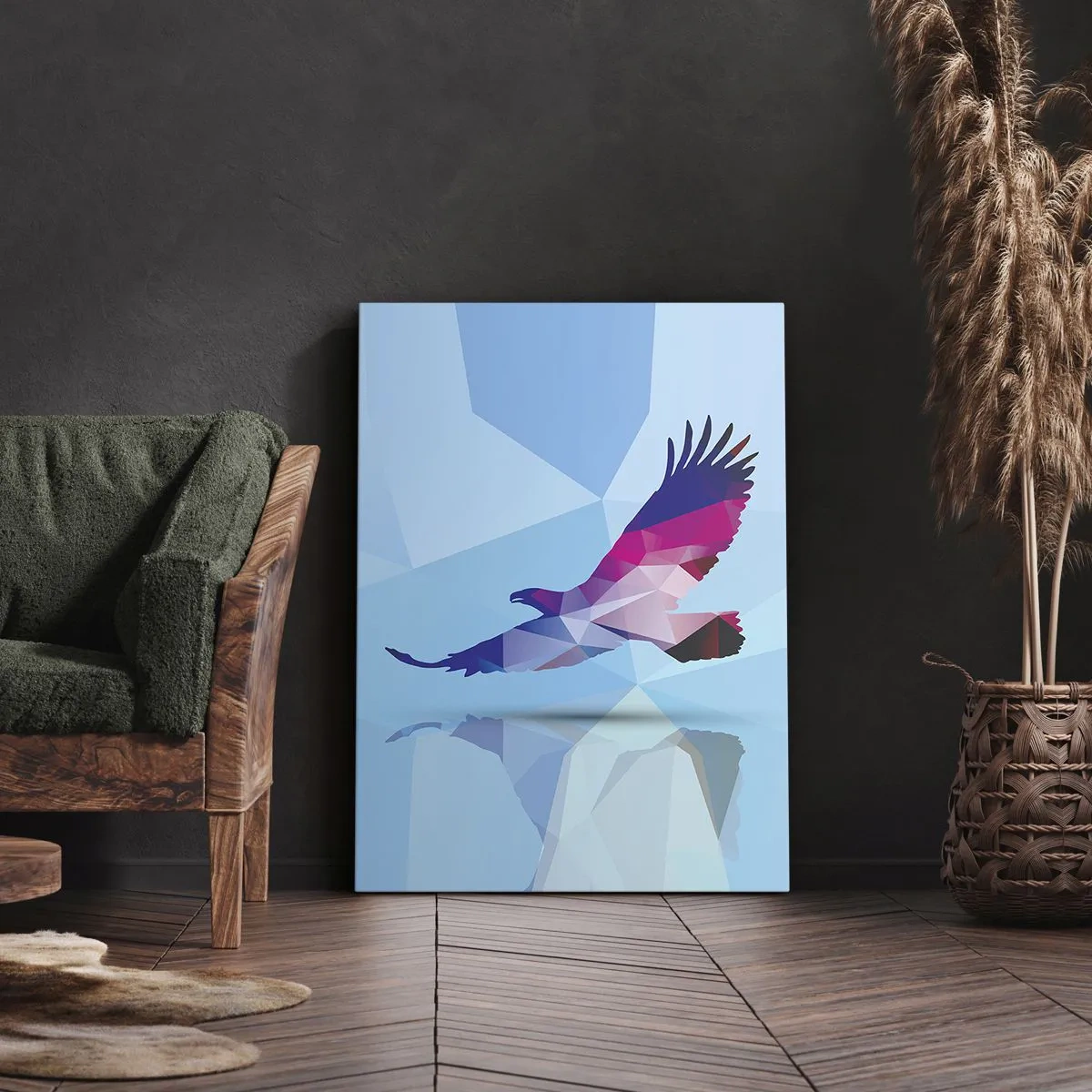 Bild auf Leinwand - Leinwandbild - Geometrische Silhouette eines Adlers im Flug auf blauem Hintergrund - 50x70cm - Adler in lila Kristall - Moderne Wanddekoration für Wohnzimmer und Schlafzimmer ARTTOR