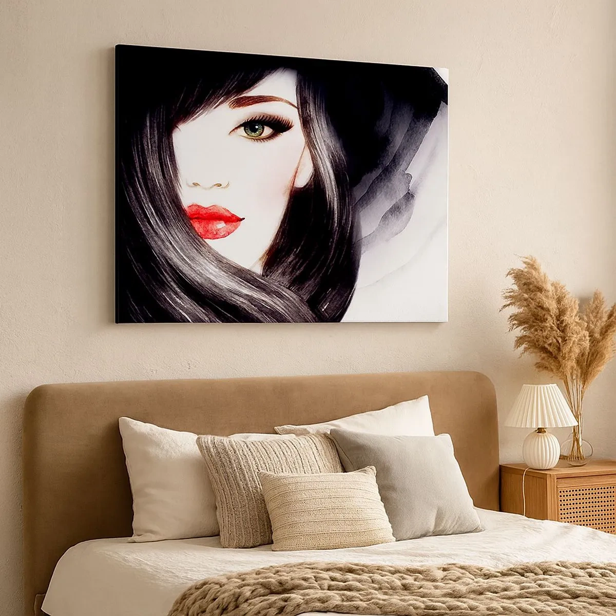 Bild auf Leinwand - Leinwandbild - Porträt einer Frau mit ausdrucksstarkem Blick und roten Lippen - 70x50cm - Saphir-Optik - Moderne Wanddekoration für Wohnzimmer und Schlafzimmer ARTTOR