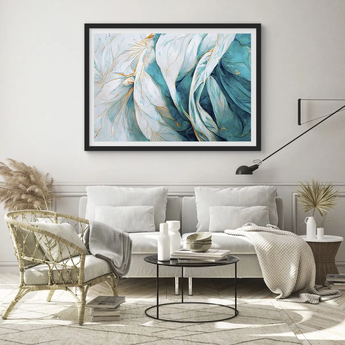 Poster in einem schwarzem Rahmen - Blaue Abstraktion mit goldenem Motiv - 40x30 cm