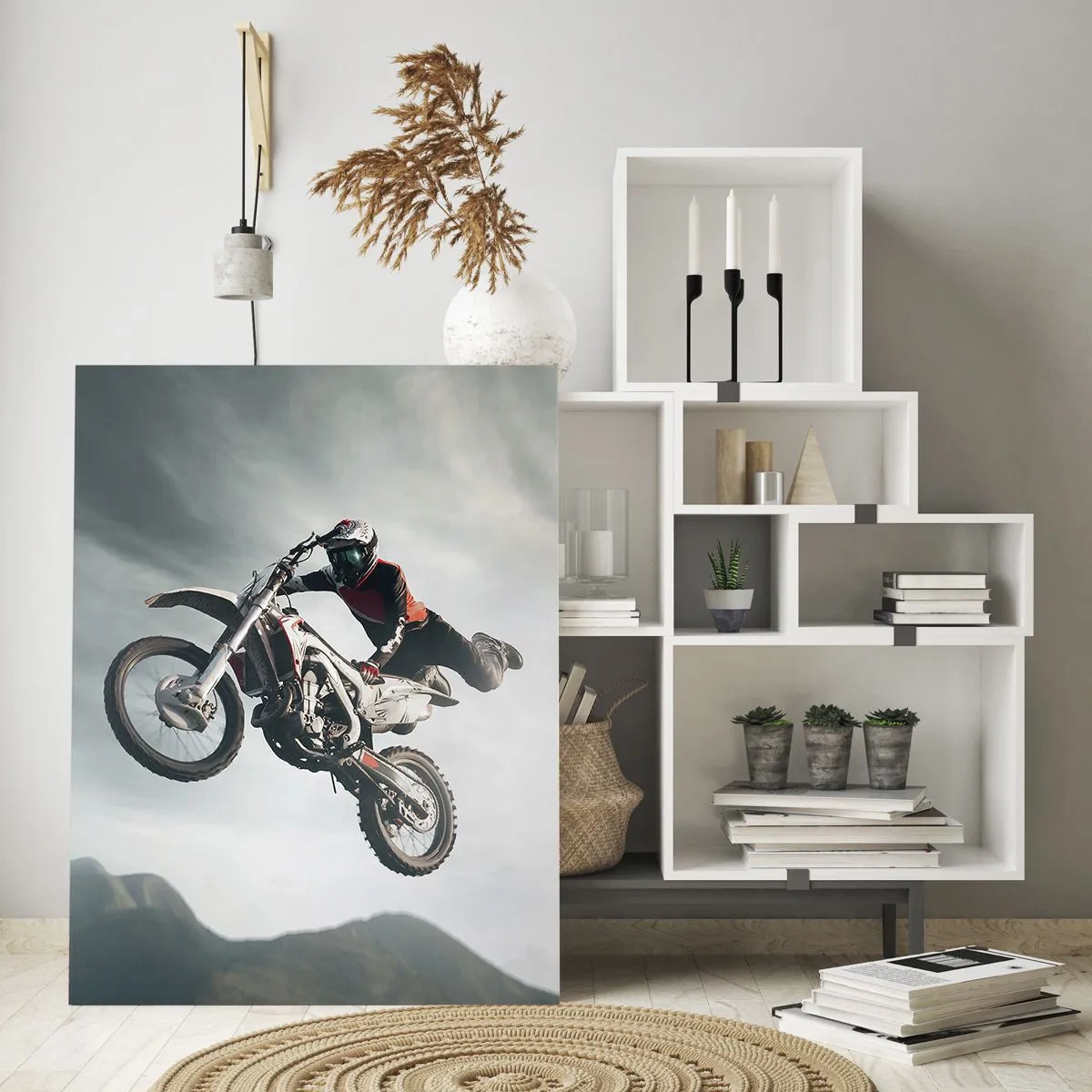 Glasbild - Bild auf glas - Motorradfahrer in der Luft bei einem Sprung - 70x100cm - Kein Spaß ohne Risiko - Moderne Wanddekoration für Wohnzimmer und Schlafzimmer ARTTOR