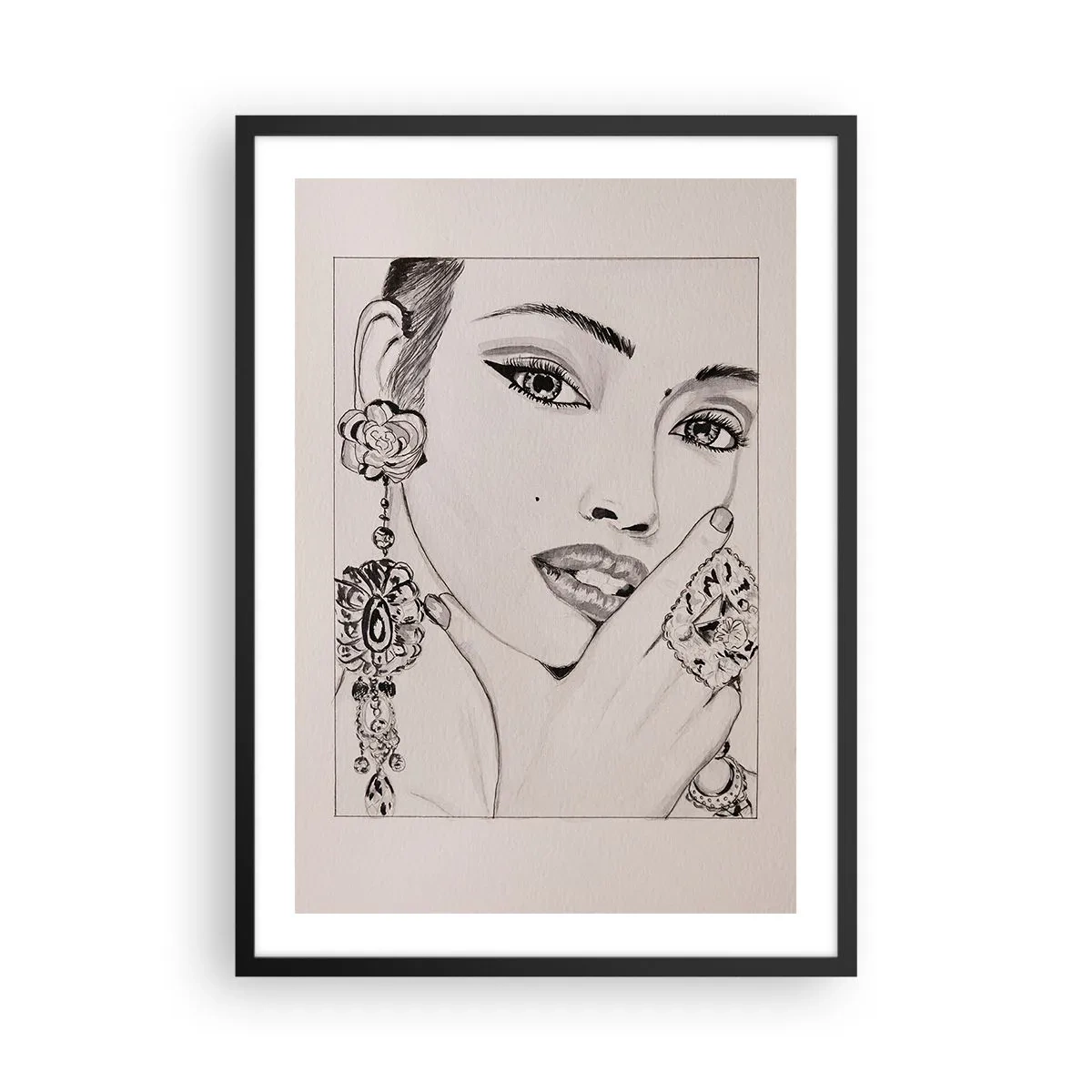 Poster in einem schwarzem Rahmen - Skizze einer Frau mit glamourösem Schmuck - 50x70cm - Das schönste Juwel - Moderne Wanddekoration für Wohnzimmer und Schlafzimmer ARTTOR