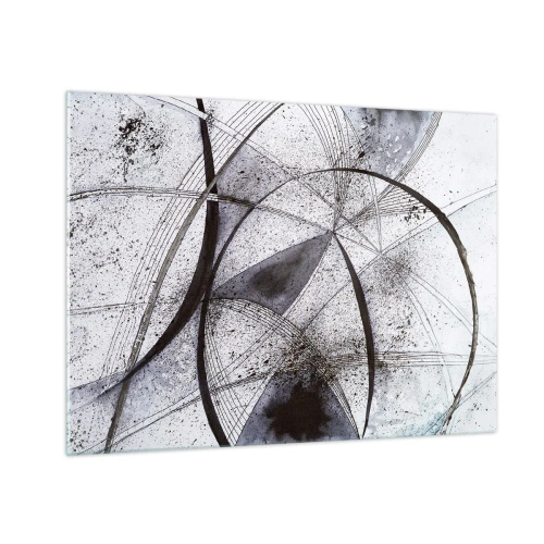 Glasbild - Bild auf glas - Eine Schwarz-Weiß-Komposition aus sich kreuzenden Linien und geometrischen Bögen. - 70x50cm - Futuristische Fantasie - Moderne Wanddekoration für Wohnzimmer und Schlafzimmer ARTTOR