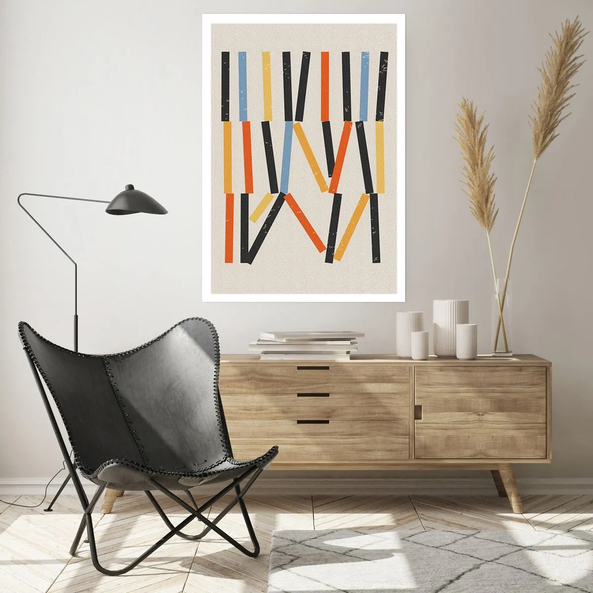 Poster - Bunte geometrische Abstraktion mit vertikalen Linien - 50x70cm - Komposition auf der Ebene - Moderne Wanddekoration für Wohnzimmer und Schlafzimmer ARTTOR