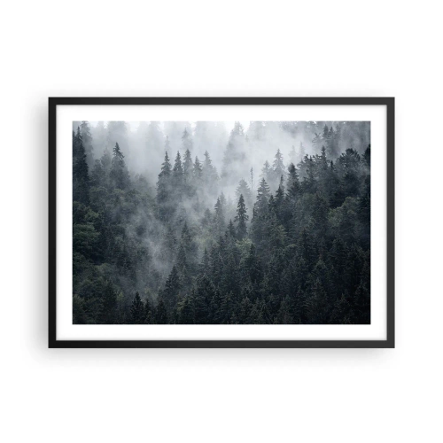 Poster in einem schwarzem Rahmen - Nebliger Nadelwald in Grau- und Grüntönen - 70x50cm - Walddämmerung - Moderne Wanddekoration für Wohnzimmer und Schlafzimmer ARTTOR