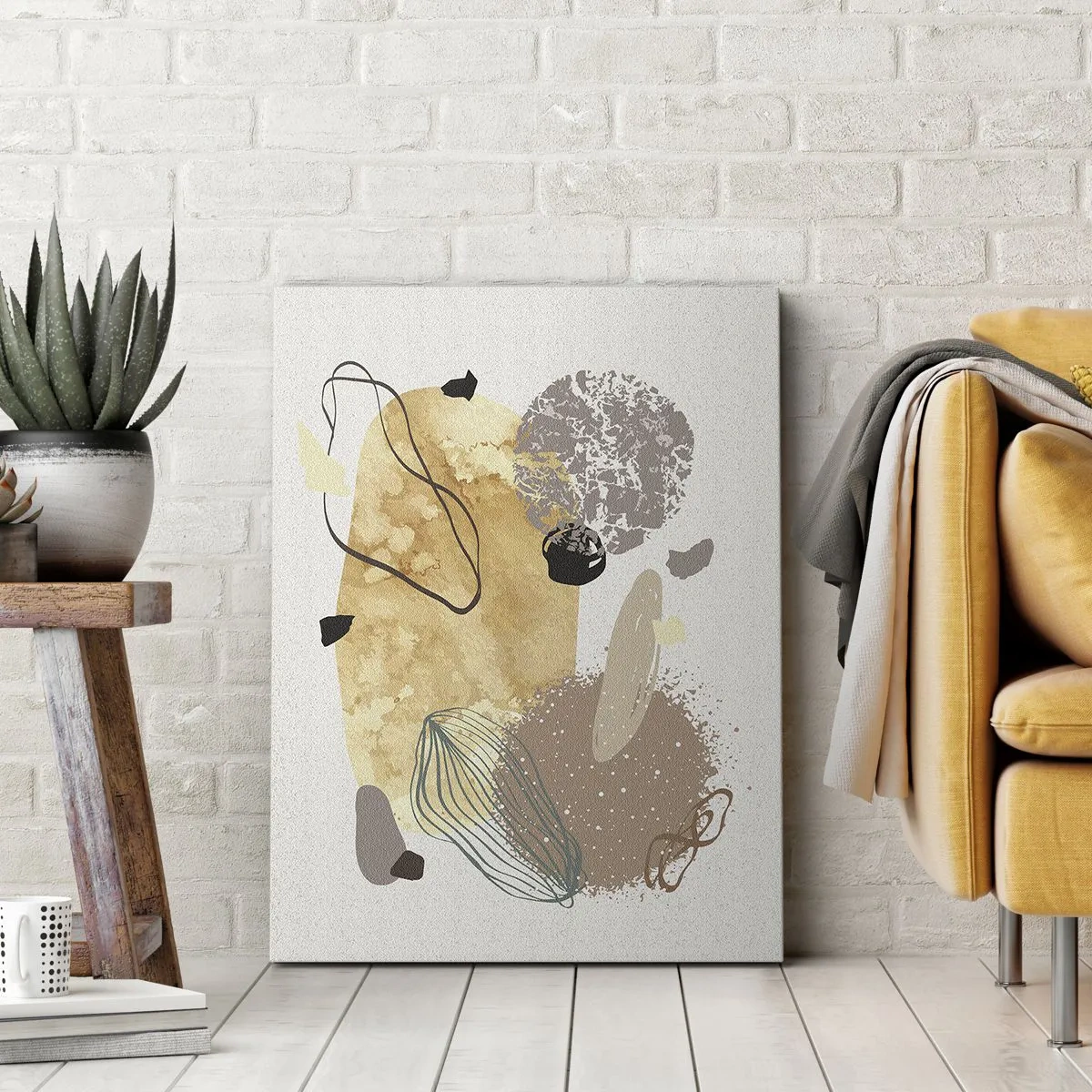 Bild auf Leinwand - Leinwandbild - Eine Komposition aus abstrakten Formen in Beige und Gelb. - 50x70cm - Angewandte Plumkologie - Moderne Wanddekoration für Wohnzimmer und Schlafzimmer ARTTOR