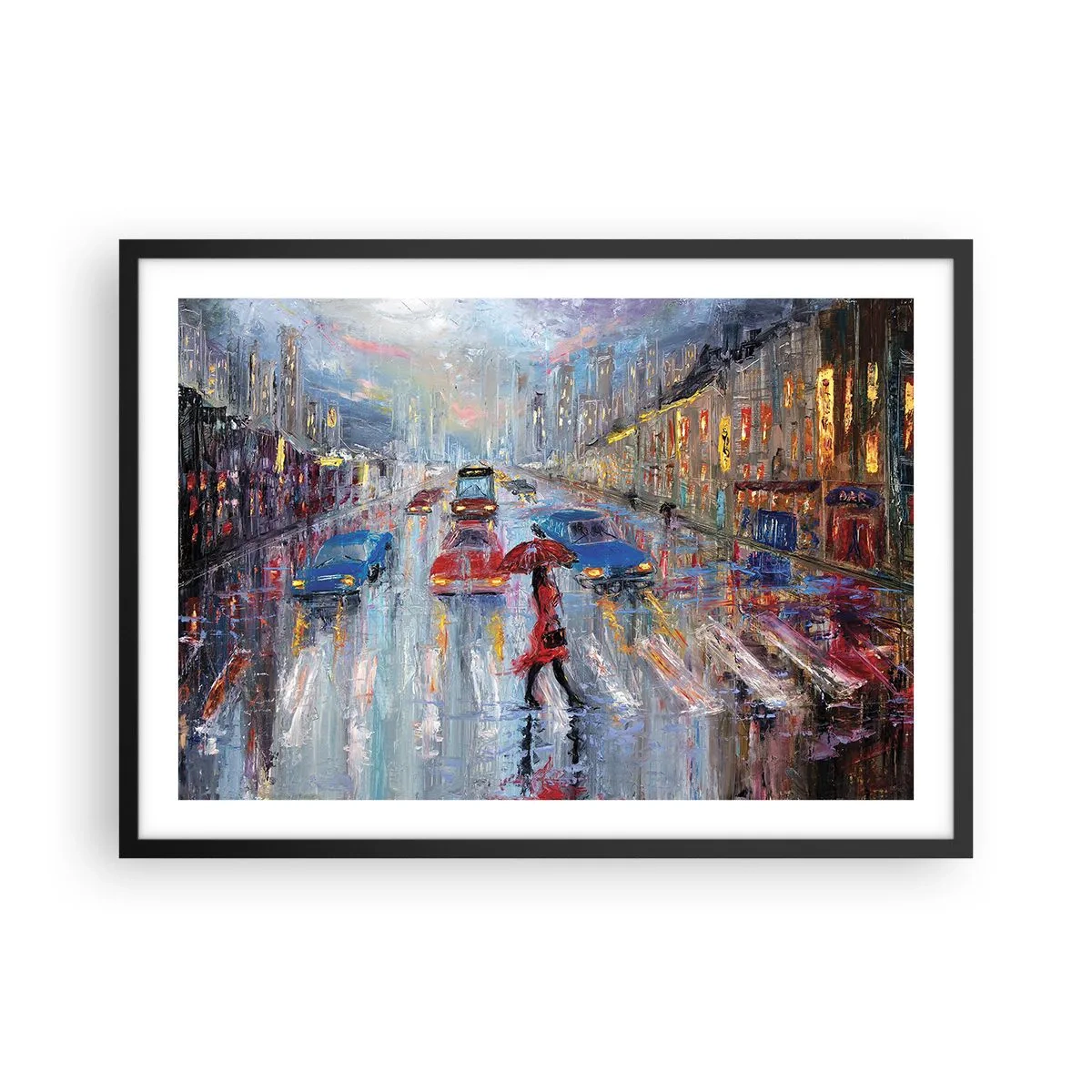 Poster in einem schwarzem Rahmen - Eine Frau mit einem Regenschirm auf einer verregneten Straße im Neonlicht. - 70x50cm - Regnerischer Nachmittag in der Stadt - Moderne Wanddekoration für Wohnzimmer und Schlafzimmer ARTTOR